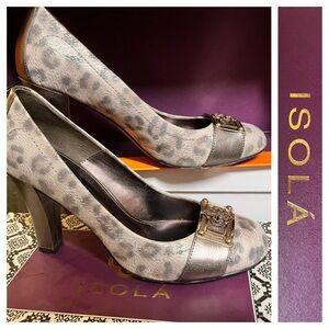 Isola Tan, Gold, Grey Leopard Print Heels